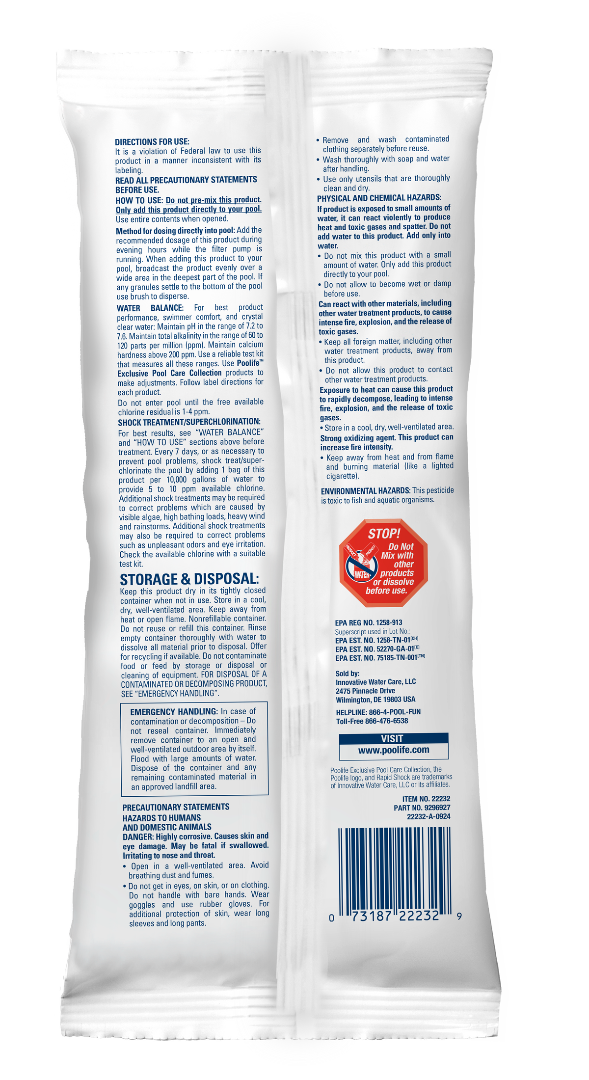 Poolife Rapid Shock 1 lb package back label showing directions for applying the granular pool shock.