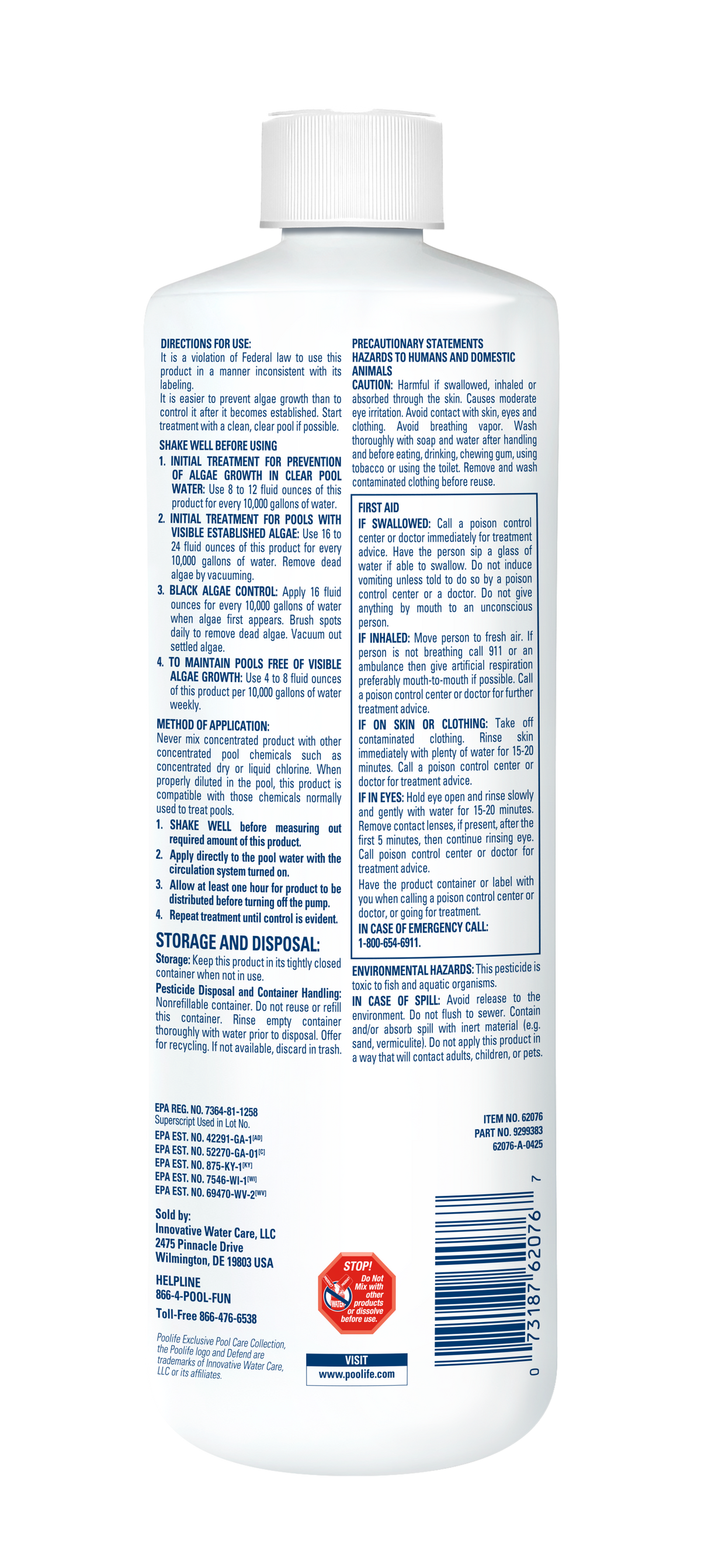 Back label of the 1 qt (32 fl oz) Poolife Defend+ Algaecide bottle showing application directions and dosage guidance.