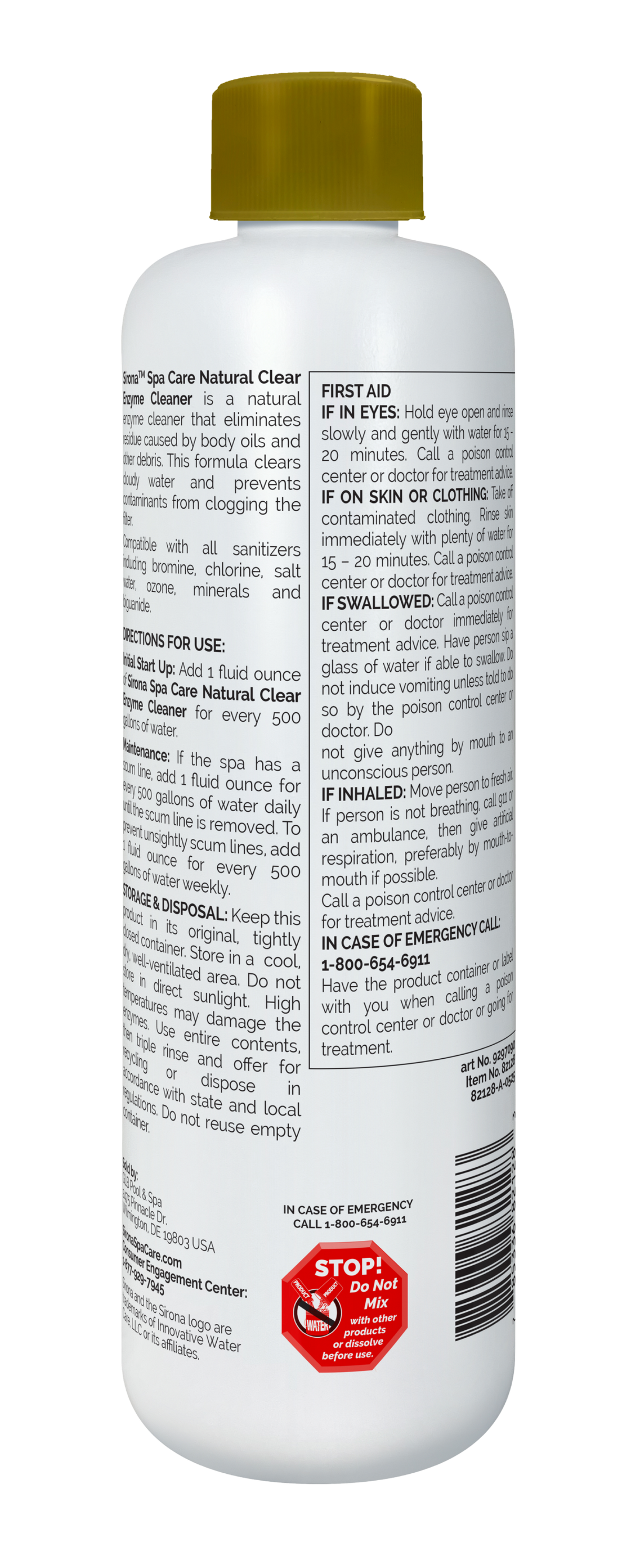 Back label of Sirona Natural Clear Enzyme Cleaner with directions
