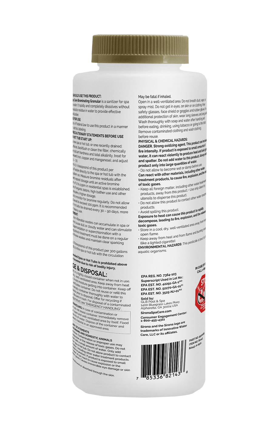 Back label of Sirona Brominating Granular with directions and precautions