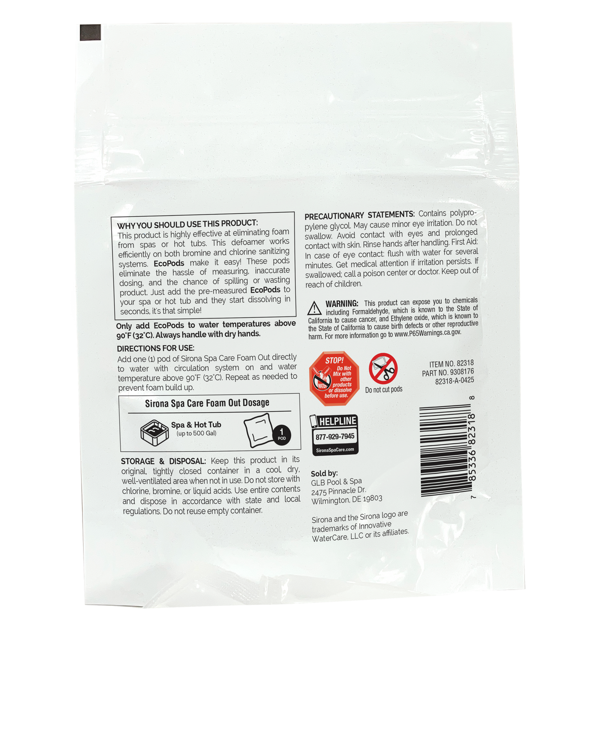 Back of Sirona Foam Out EcoPods bag with directions
