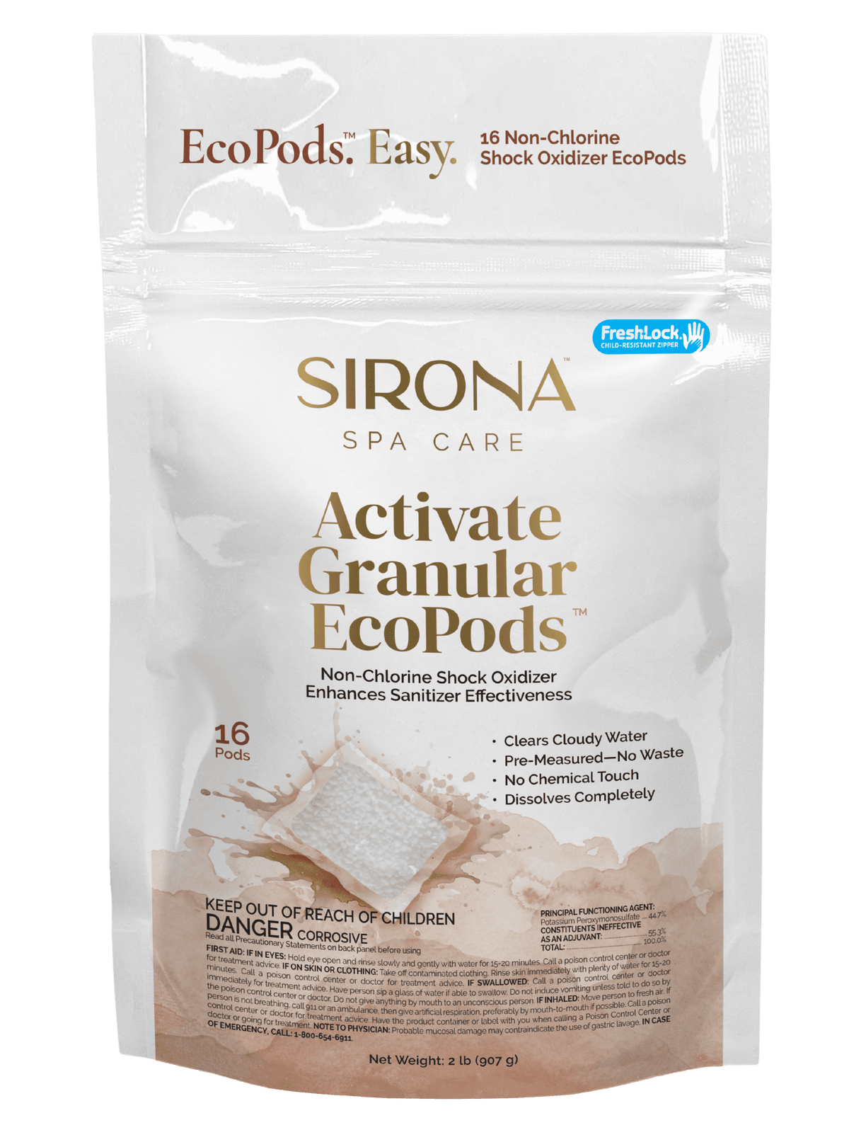 Sirona Spa Care Activate Granular EcoPods 16 count bag of non-chlorine spa shock pods
