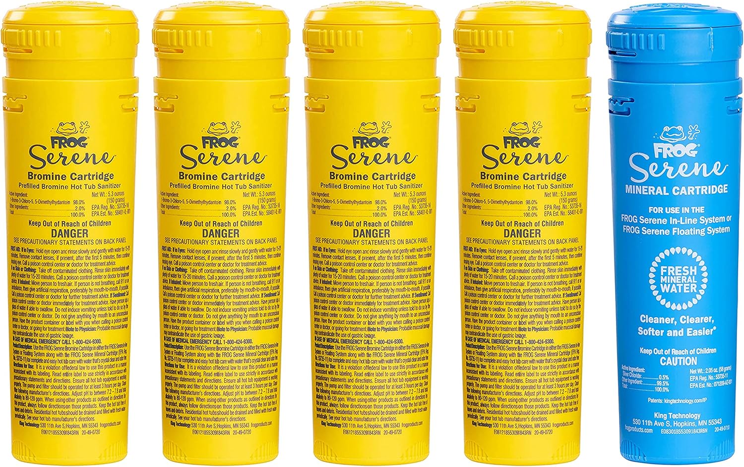 FROG Serene Mineral Replacement Cartridge plus 4 Bromine Cartridges for use with FROG Serene Floating Sanitizing Spa System or Hot Tubs with the FROG Inline Cartridge System