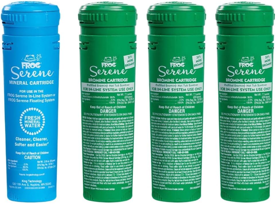 FROG Serene In-Line Cartridges for Hot Tubs That Have Built in Cartridge Holders - 1 FROG Serene Mineral Cartridge and 3 Green Bromine 200 Gram Cartridges