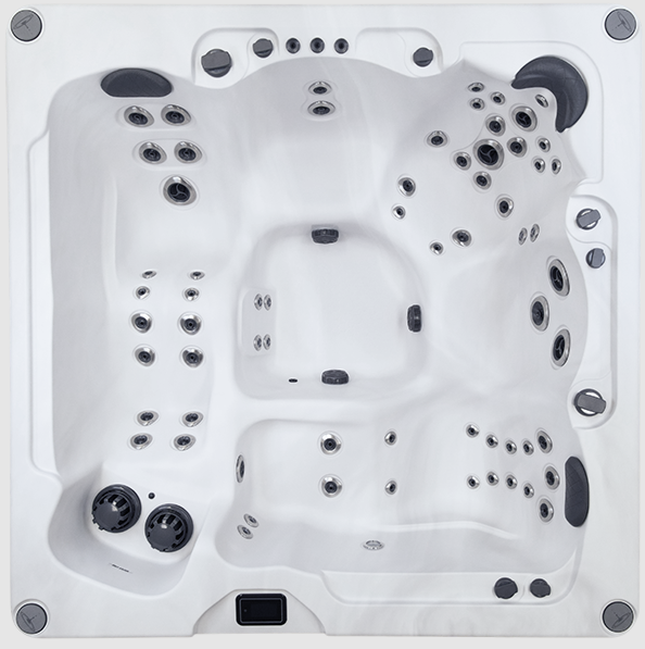Top-down view of the Harmonic H288DL hot tub displaying jet placement, dual loungers, and seating layout.
