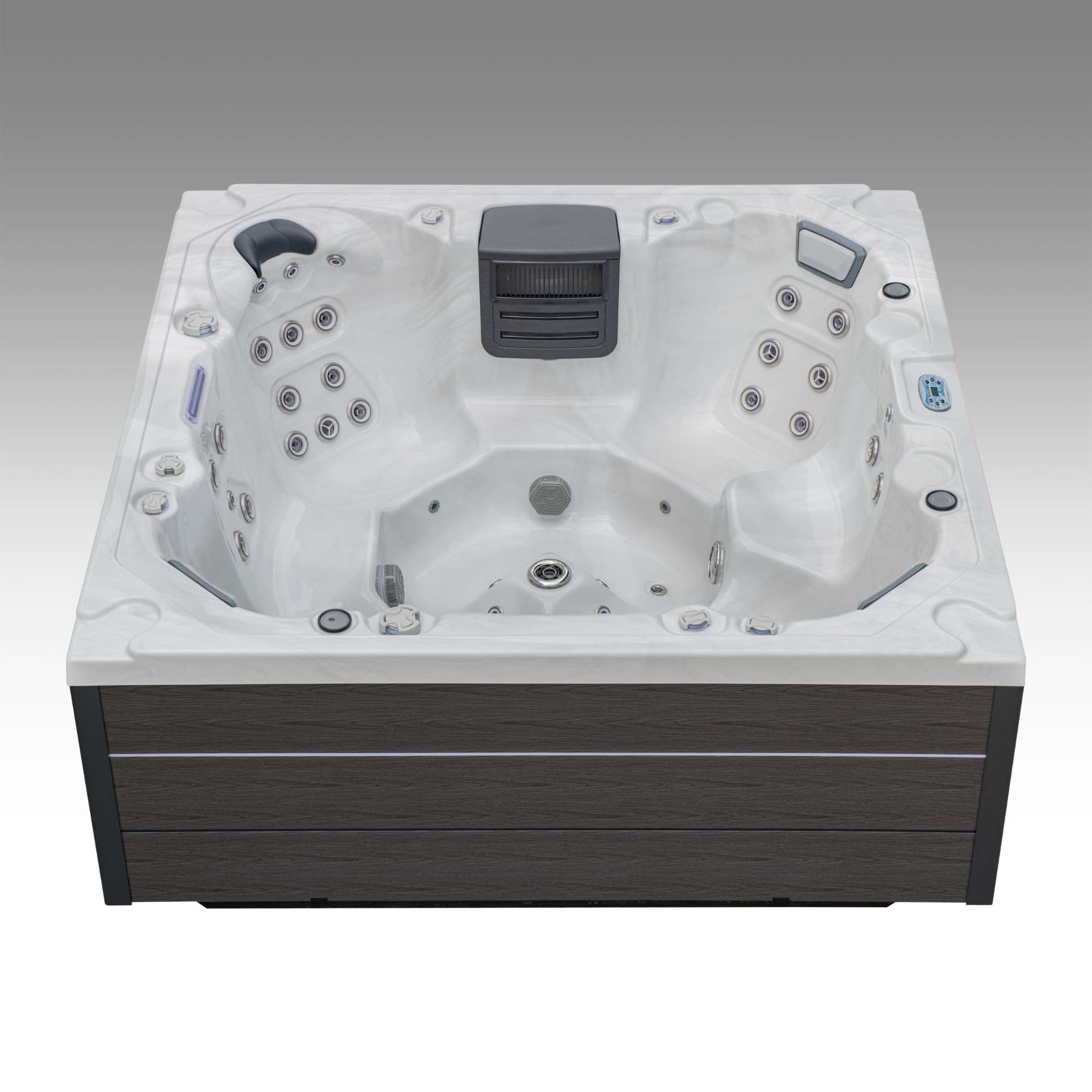 Front view of the Oasis hot tub highlighting the central footwell and high-output jets.