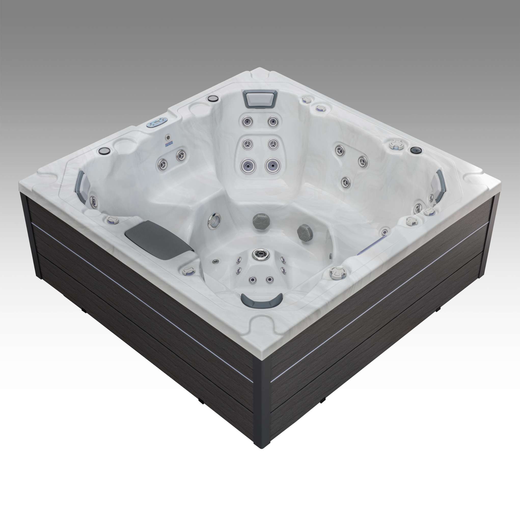 Rear angle of the Oasis hot tub highlighting ergonomic seating and control panel placement.
