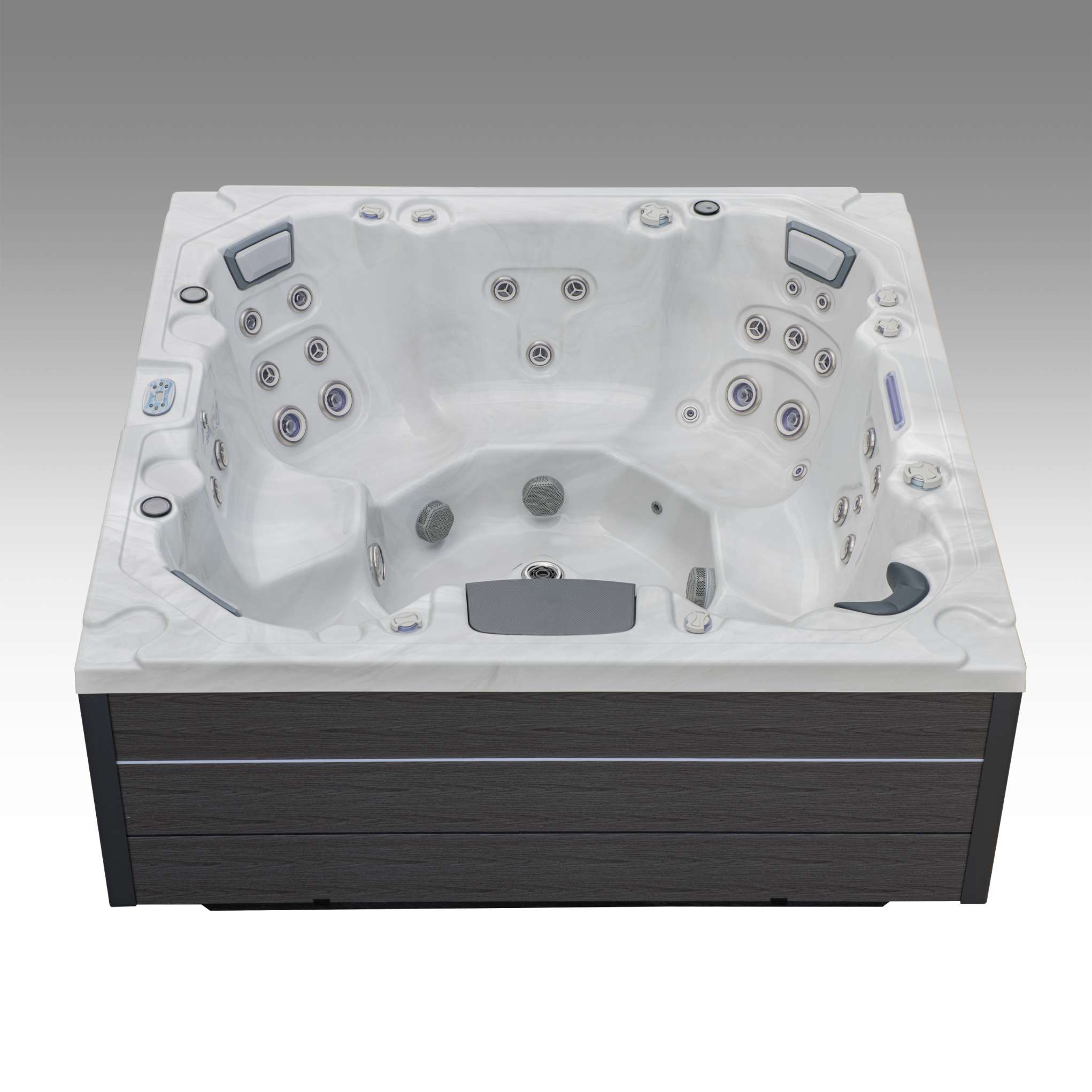 Oasis hot tub top angle view showing full hydrotherapy layout and multi-seat configuration.
