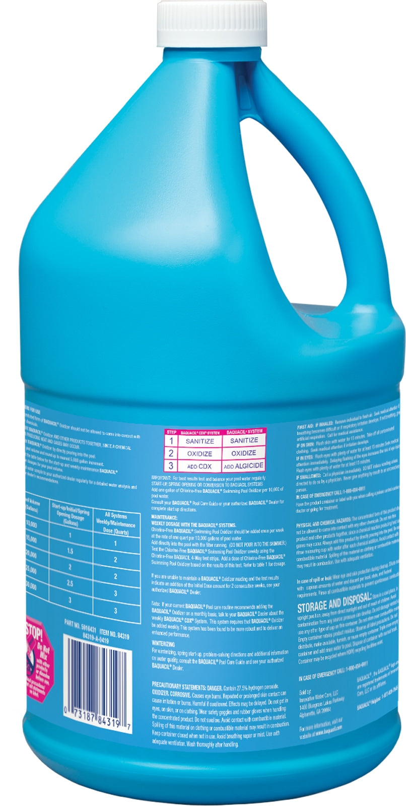 Back label of BAQUACIL Swimming Pool Oxidizer 1 gallon with weekly dosage and precautions