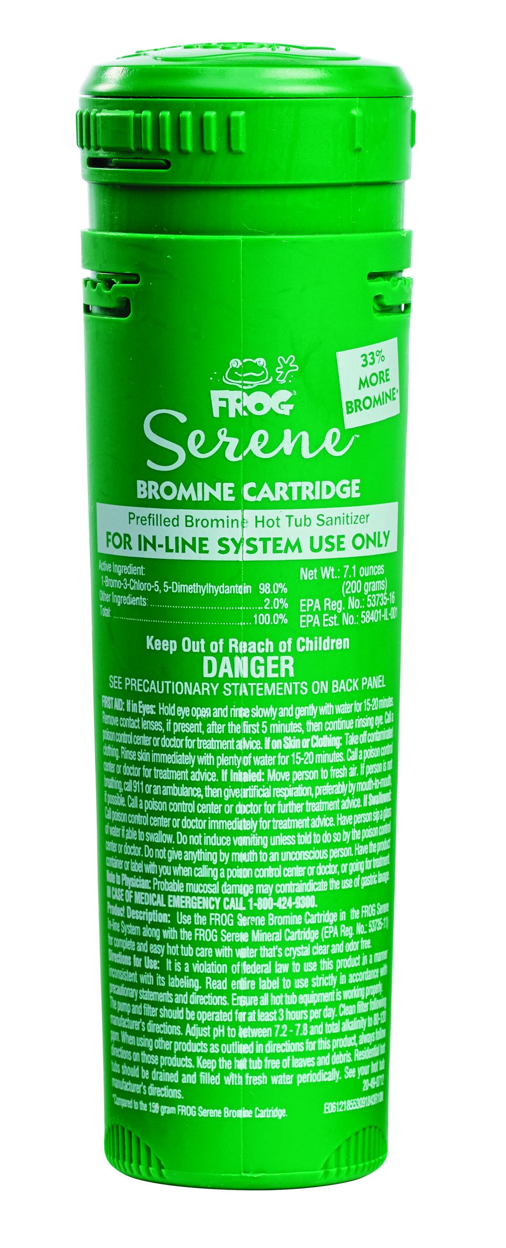 FROG Serene In-Line Cartridges for Hot Tubs That Have Built in Cartridge Holders - 1 FROG Serene Mineral Cartridge and 3 Green Bromine 200 Gram Cartridges