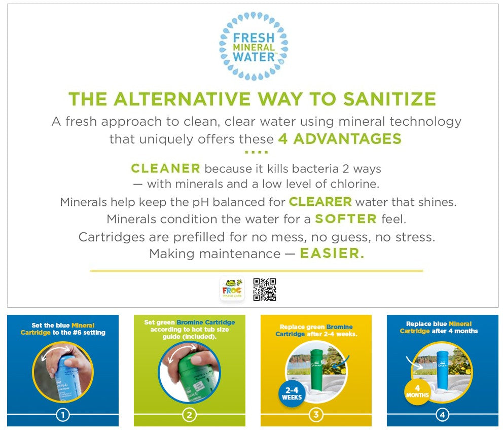 FROG Serene In-Line Cartridges for Hot Tubs That Have Built in Cartridge Holders - 1 FROG Serene Mineral Cartridge and 3 Green Bromine 200 Gram Cartridges