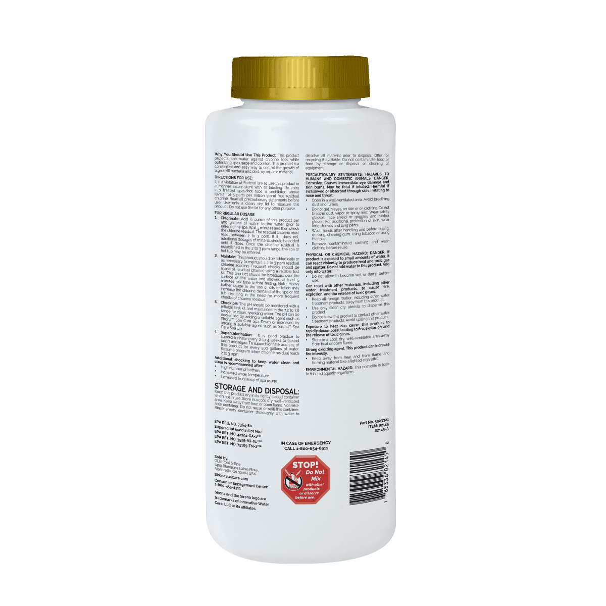 Back label of Sirona Chlorinating Granules 2 lb with dosage and precautions