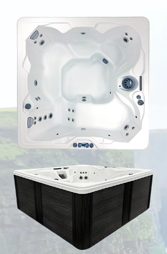 Top-down interior view of the CLOVER 124 hot tub showing contoured seating, jets, and control panel.