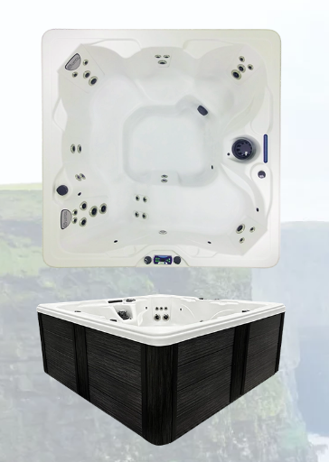 Top-down interior view of the CLOVER 130 hot tub showing contoured seating, jets, and control panel.
