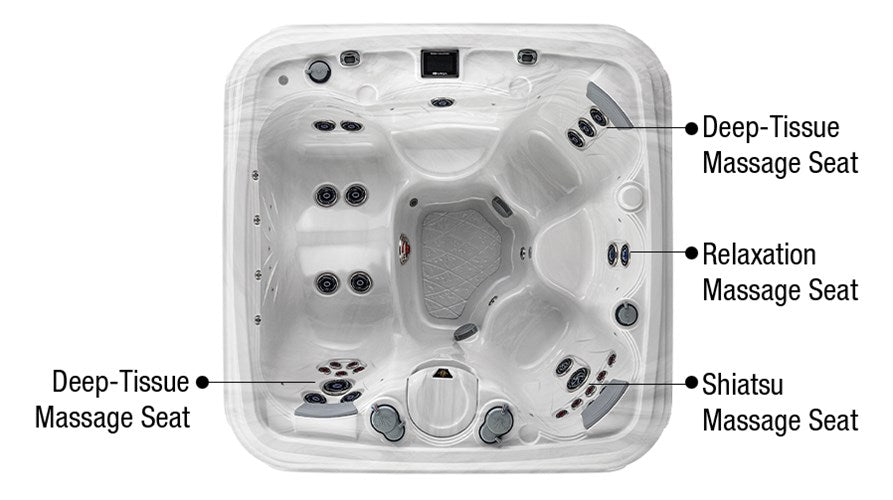 Overhead view of the Wish hot tub showing labeled deep-tissue, relaxation, and shiatsu massage seats.