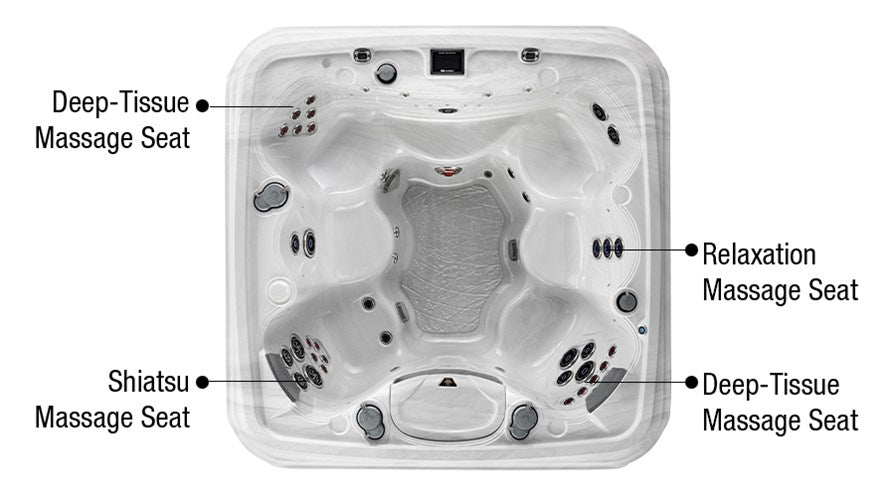Overhead diagram of the Marquis Destiny hot tub showing labeled massage seats including deep-tissue, shiatsu, and relaxation zones.