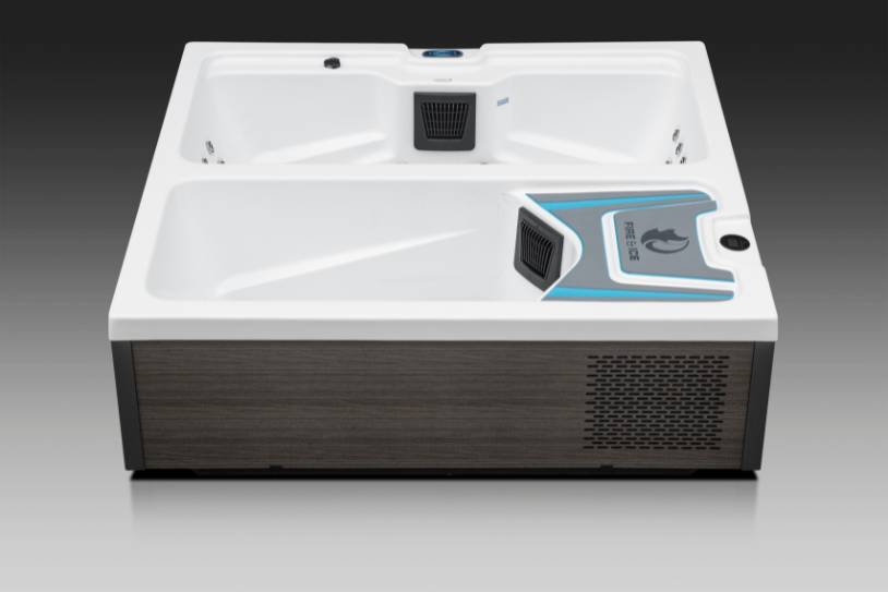 Rear view of Fire & Ice dual-zone plunge and spa tub with intake vents and clean basin layout.