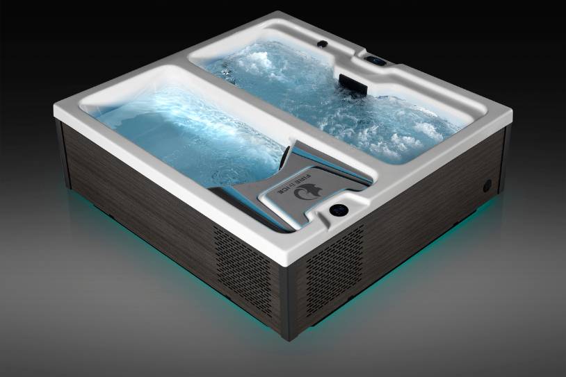 Top isometric view of Fire & Ice dual-zone tub with active hot spa jets and cold plunge flow.