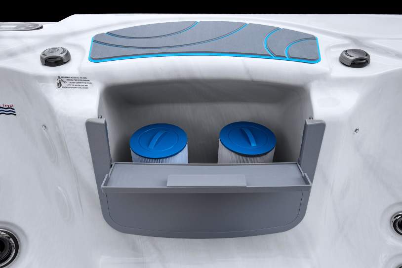 Dual filtration system inside the Fossa-3B swim spa with two accessible filter cartridges.