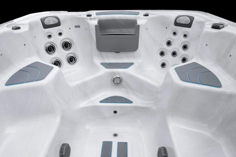 Interior seating layout of the Fossa-3B swim spa with multiple jet zones and ergonomic seats.