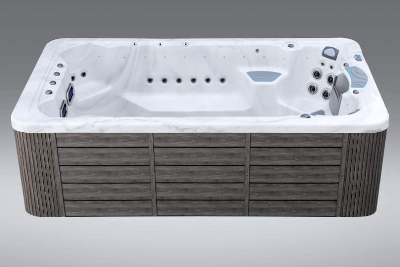 Long side profile of the Fossa 3B swim spa displaying full jet configuration and sleek exterior.