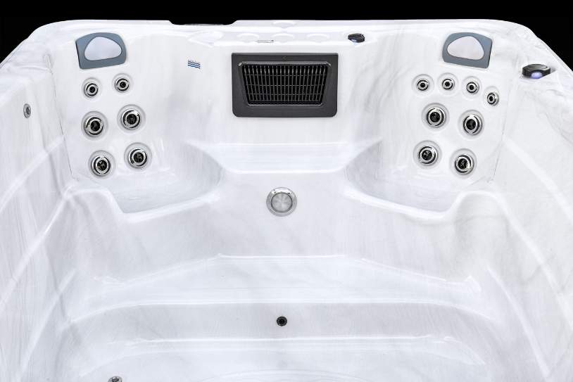 Fossa PP full interior view of Icelandic swim spa with ergonomic seating and dual jet clusters.