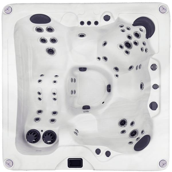 Overhead view of the Harmonic H277L hot tub showing the full jet layout, seating configuration, and white acrylic interior.