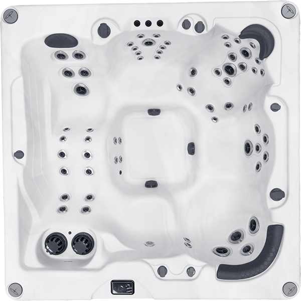 Aerial view of the Harmonic H288L hot tub showing multi-zone hydrotherapy jets and contoured seating layout.