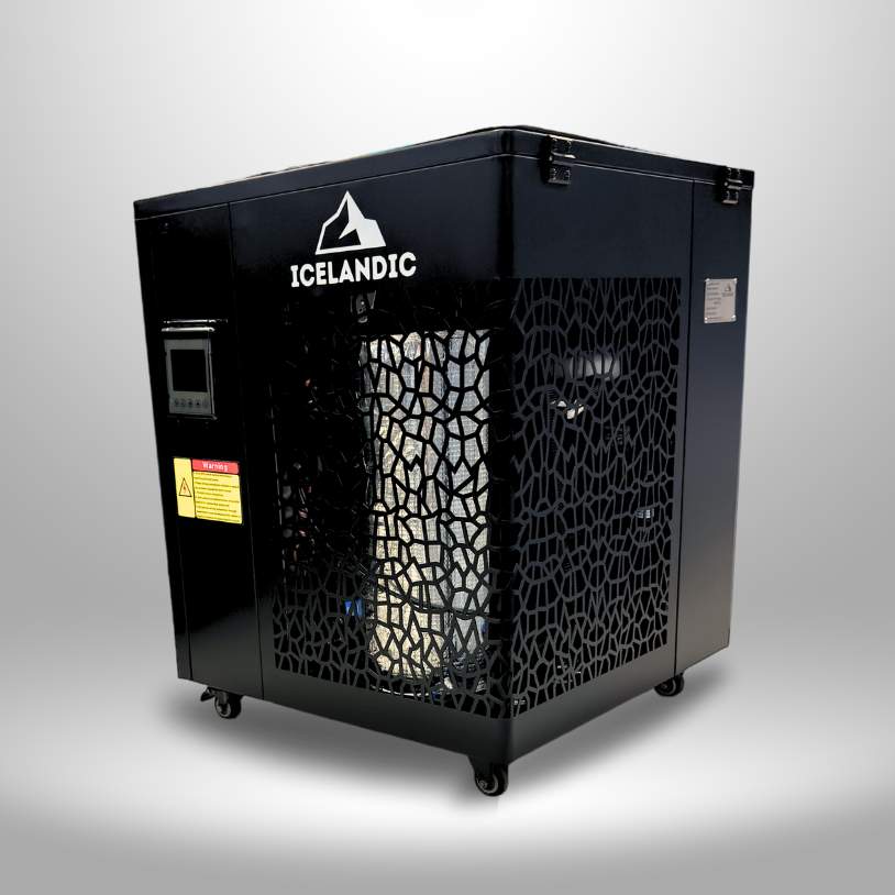 Angled view of the Icelandic cold plunge chiller showing the full exterior and patterned vent panels.