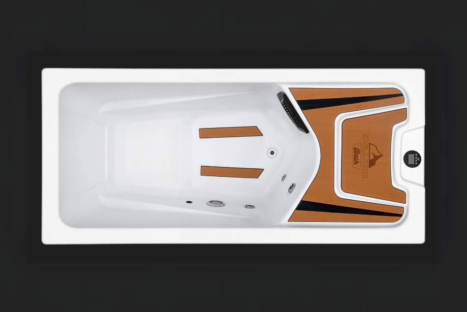 Top-down view of Icelandic cold plunge featuring white acrylic interior and teak-style decking.