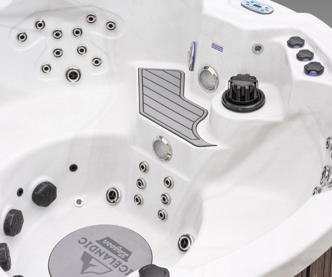 Control panel and surrounding hydrotherapy jet zones inside the Icelandic Cyclone 3 spa.