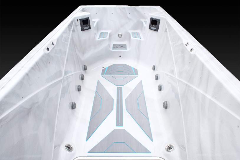 Interior swim lane view of the Icelandic swim spa showing jets and floor traction design.