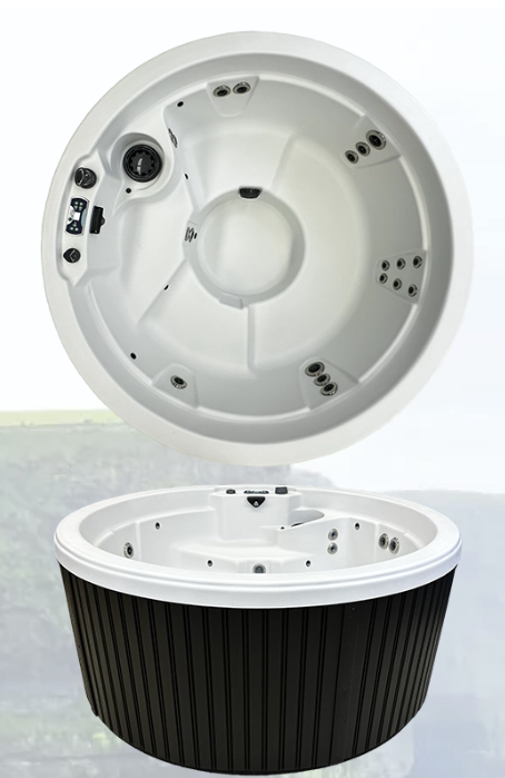 Top-down interior view of the LUNA 118 round hot tub showing jets, seating layout, and control panel.
