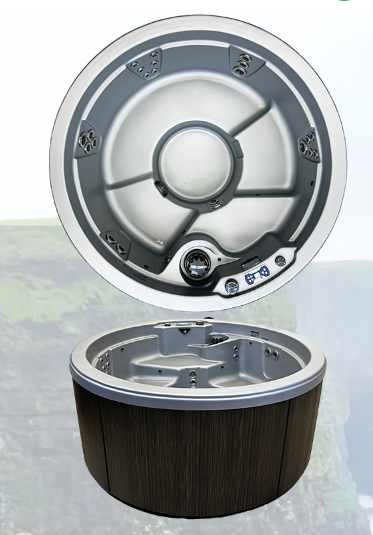 Top-down interior view of the LUNA 124 round hot tub showing jets, seating contours, and control panel.
