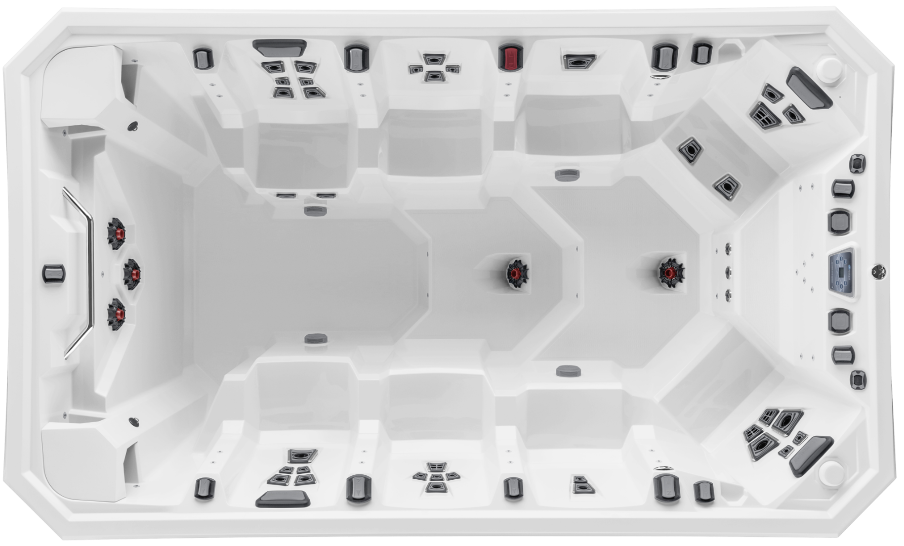 Top-down interior view of the Marquis V150P swim spa showing multiple therapy seats, powerful swim jets, and a spacious central swim area.