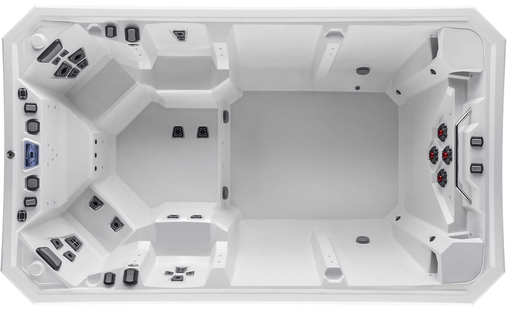 Top-down interior view of the Marquis V150W swim spa showing open swim area, hydrotherapy seating, and multiple jet zones.
