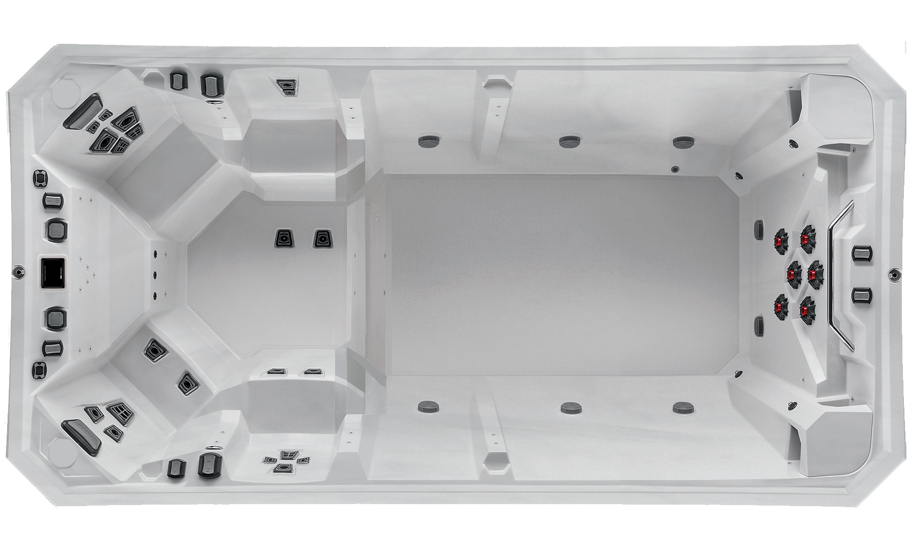 Top-down interior view of the Marquis V174K swim spa featuring a large open swim area, hydrotherapy seating, and multiple jet clusters.