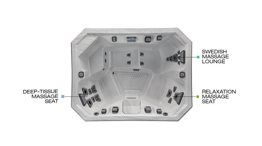Top-down diagram of the Vector21 Series V65L hot tub showing labeled massage seats including the deep-tissue seat, Swedish lounge, and relaxation seat.
