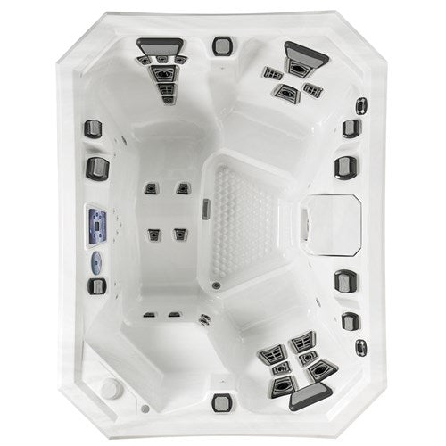 Overhead view of the Vector21 Series V65L hot tub interior featuring multiple jets, a lounge seat, and ergonomic seating.