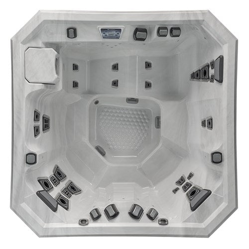 Overhead view of the Vector21 Series V77L hot tub displaying seating layout, jets, and interior design.