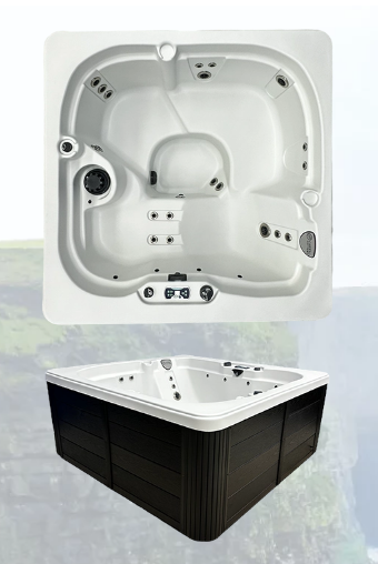 Top-down interior view of the MYSTIC 120 hot tub showing seating layout, jets, and control panel.