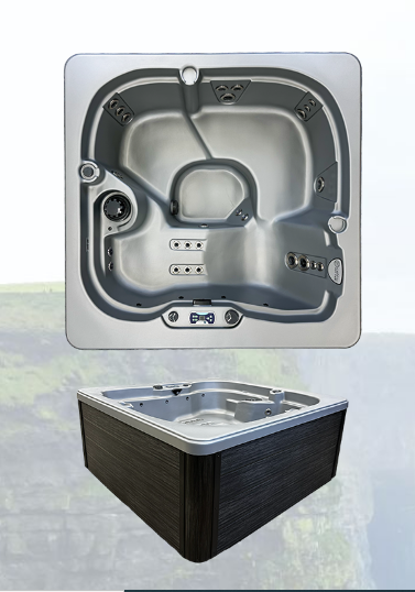 Top-down interior view of the MYSTIC 126 hot tub showing molded seating, jets, and control panel.