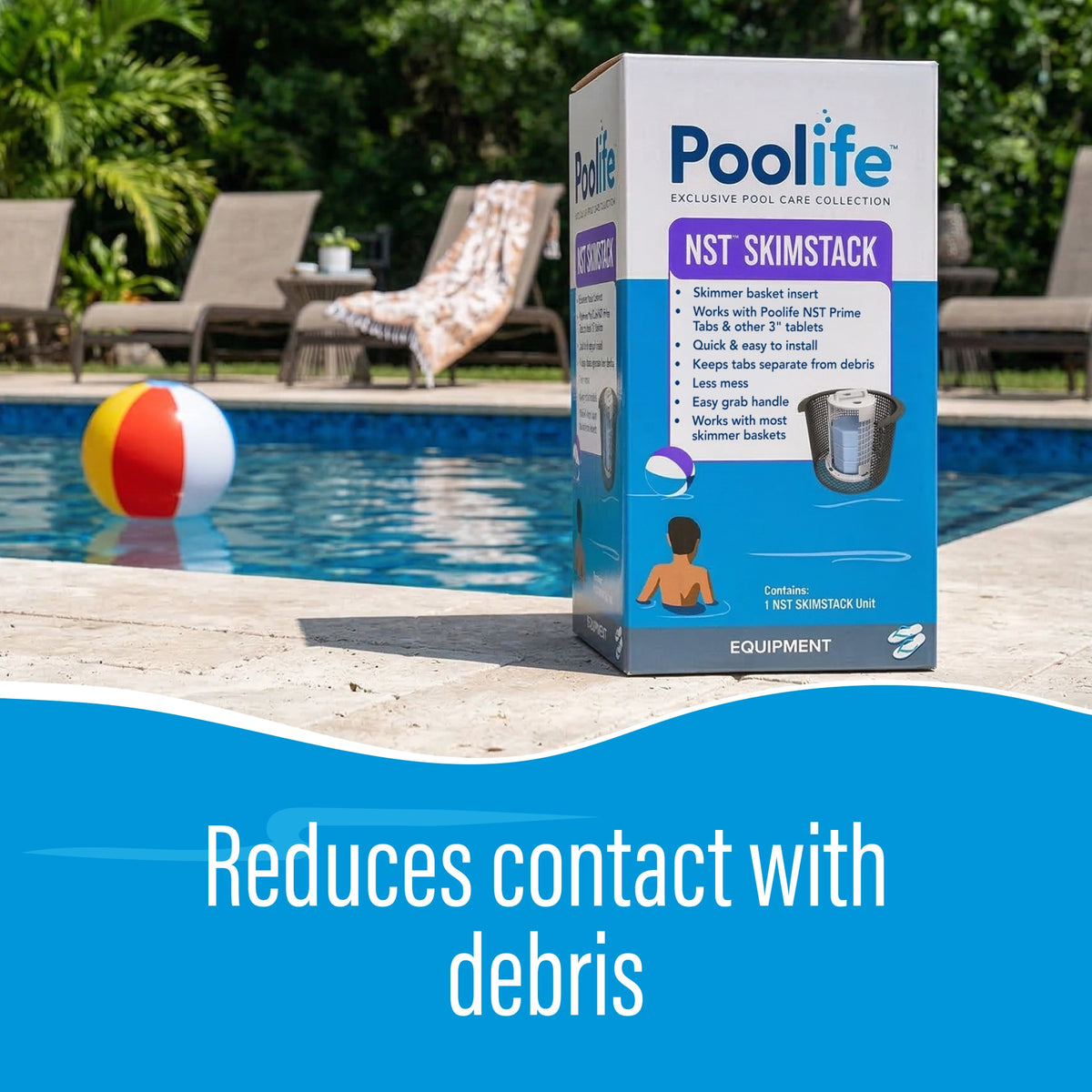 Poolife NST Skimstack convenience graphic highlighting easier tablet handling and a cleaner place for chlorine tablets.