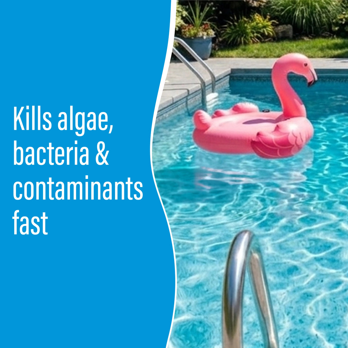Poolife Back to Blue Shock System lifestyle graphic showing the benefit of treating green, algae-covered pool water.