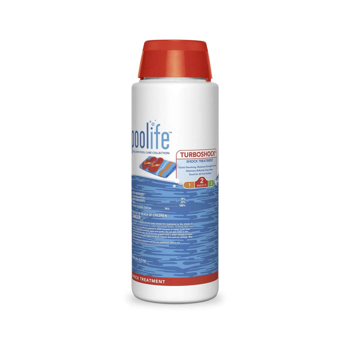 Front of Poolife TurboShock shock treatment packaging, 5 lb, labeled as 78% calcium hypochlorite pool shock.