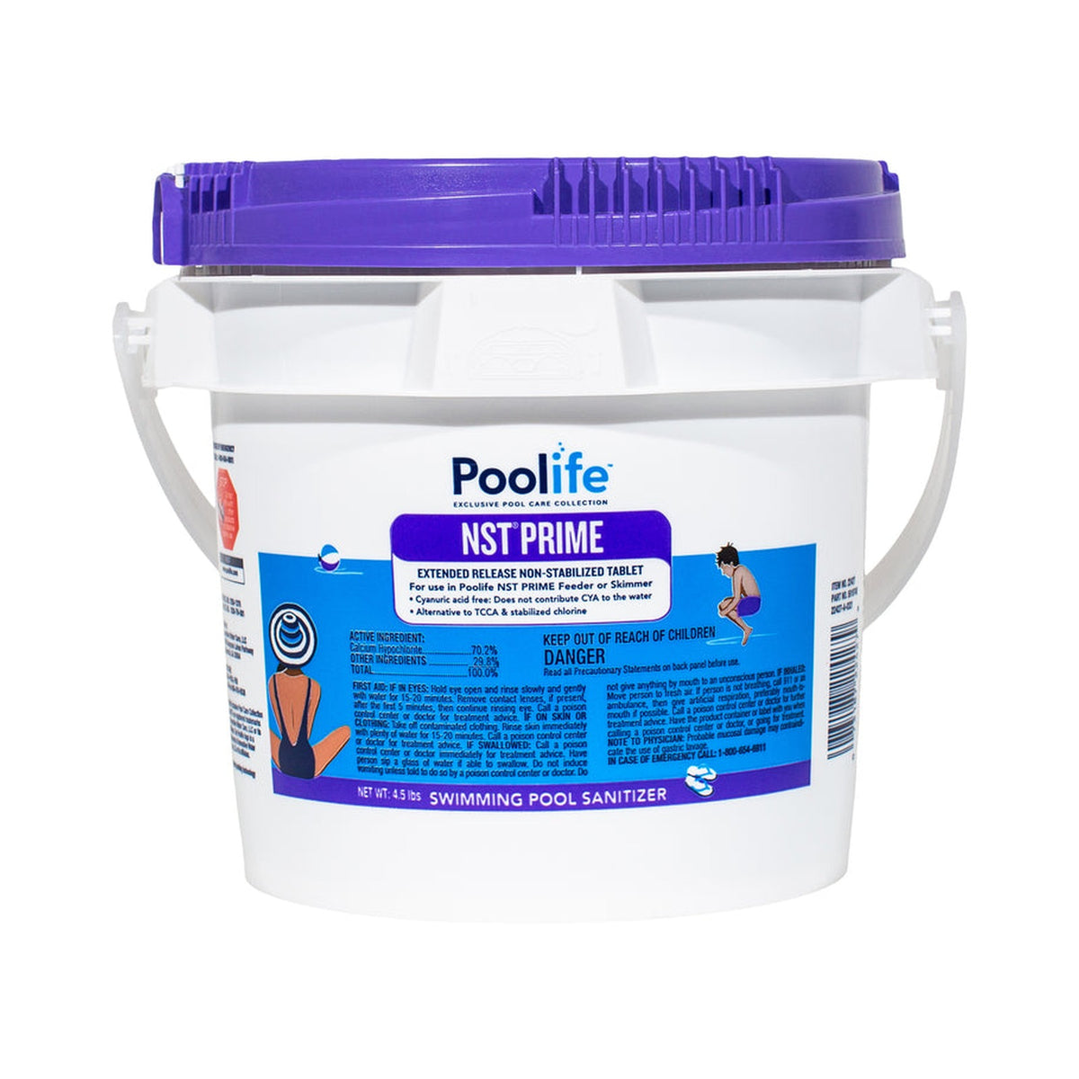 Front of Poolife NST Prime Cal Hypo Chlorine Tablets package, showing the 4.5 lb size.
