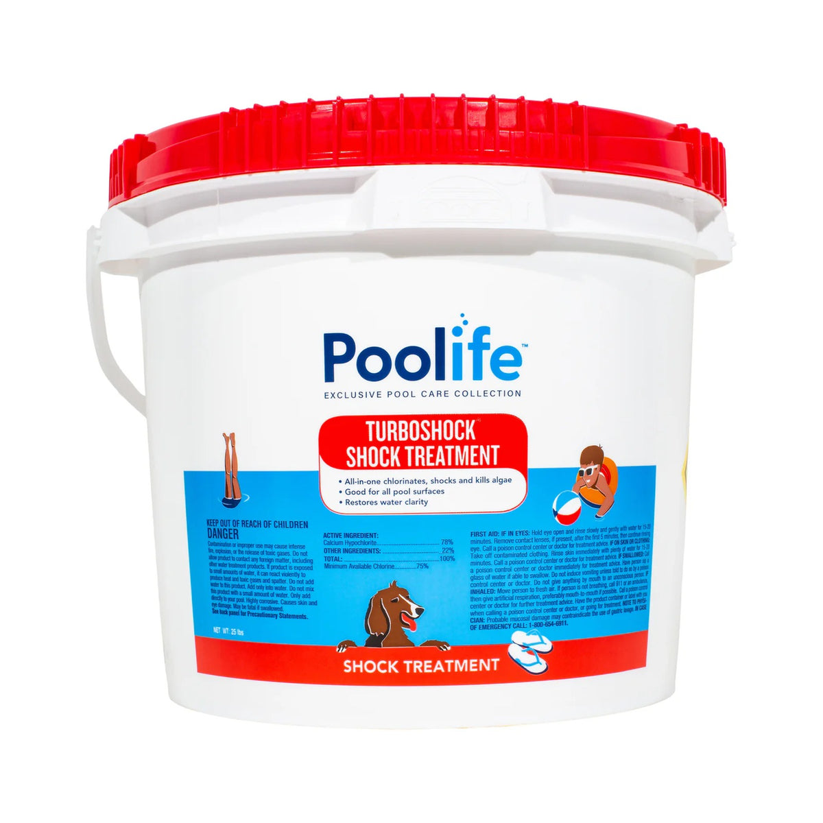 Front of Poolife TurboShock shock treatment packaging, 25 lb, labeled as 78% calcium hypochlorite pool shock.
