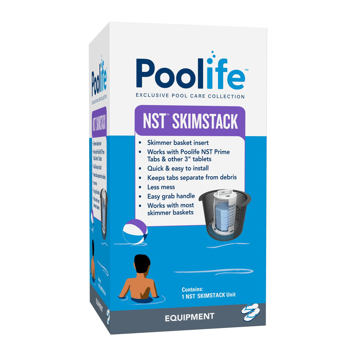 Poolife NST Skimstack chlorine tablet holder kit front packaging, showing the skimmer basket insert and included hardware.
