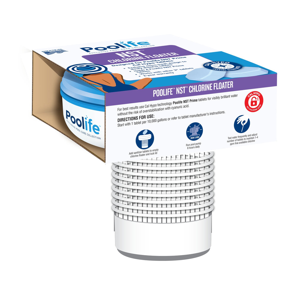 Front of the Poolife NST Chlorine Floater package, showing the floater product and its 1 Floater packaging.