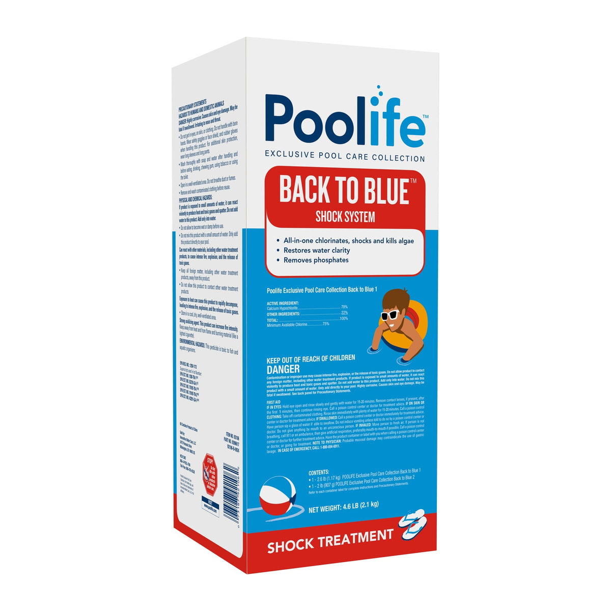 Front of Poolife Back to Blue Shock System packaging, a two-part algae recovery treatment, size 1 Kit.